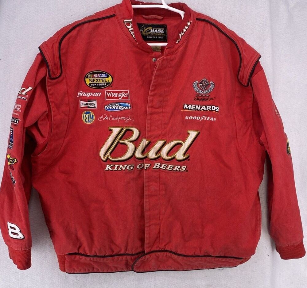 Vtg Budweiser Racing Jacket 2XL XXL Chase Authentics NASCAR Bud Cotton Red Flaws